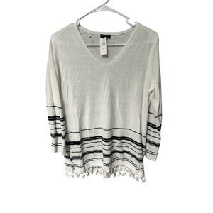 Talbots Womens XS White & Black Fringe Hem V Neck Long Sleeve Top BNWT $79.50